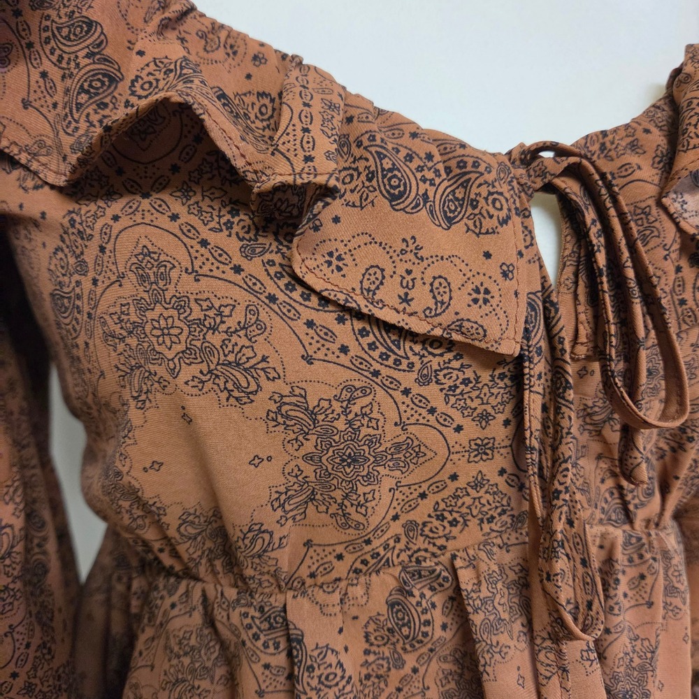 Papaya Brown Paisley Ruffle Tie Front Crop Top Size S Whimsigoth Retro Hippie - Picture 4 of 7